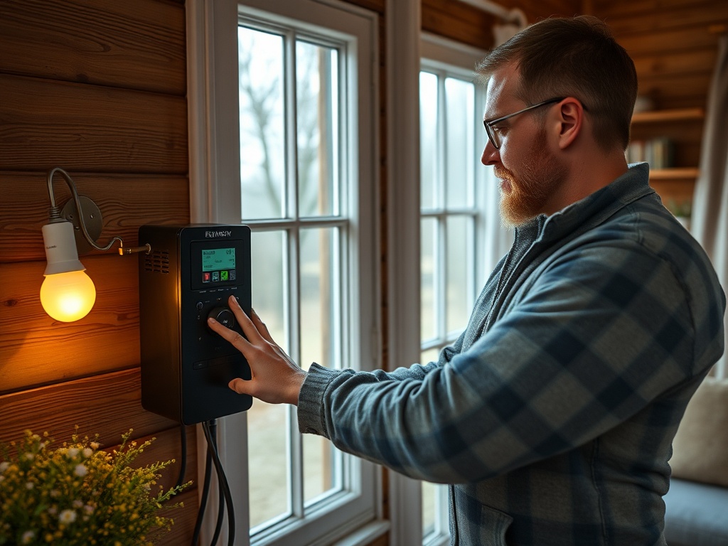 Человек с бородой настраивает устройство на стене в деревянном доме, рядом светильник и окно.