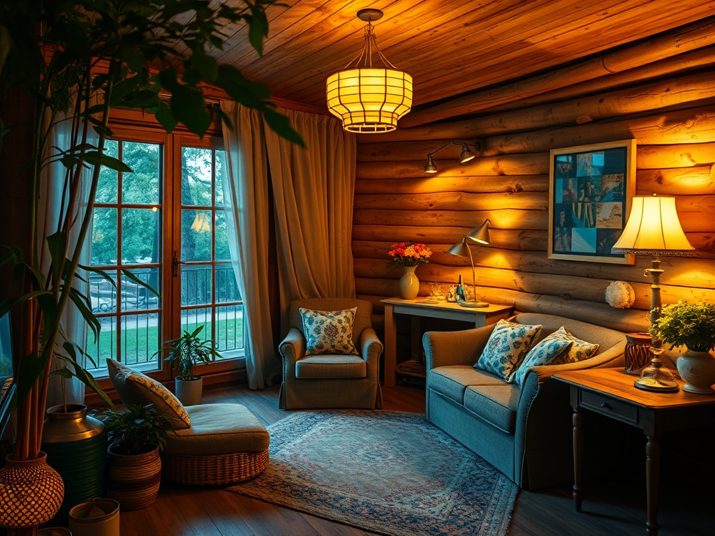 Уютная комната с деревянными стенами, мягкой мебелью и теплым灯ом, создающим атмосферу уюта и спокойствия.