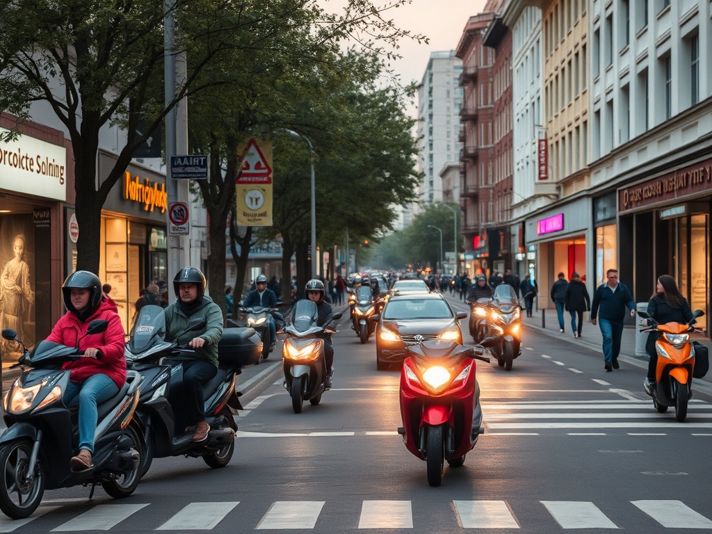 На улице много людей, мотоциклы и автомобили движутся по перекрестку в вечернее время.
