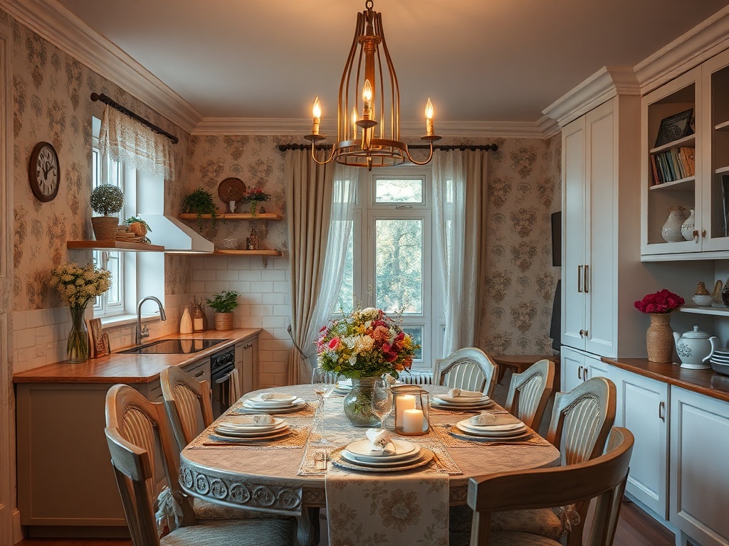 Современная кухонная гостиная с столом, цветами и уютным освещением. Стильный интерьер и мягкие тона.