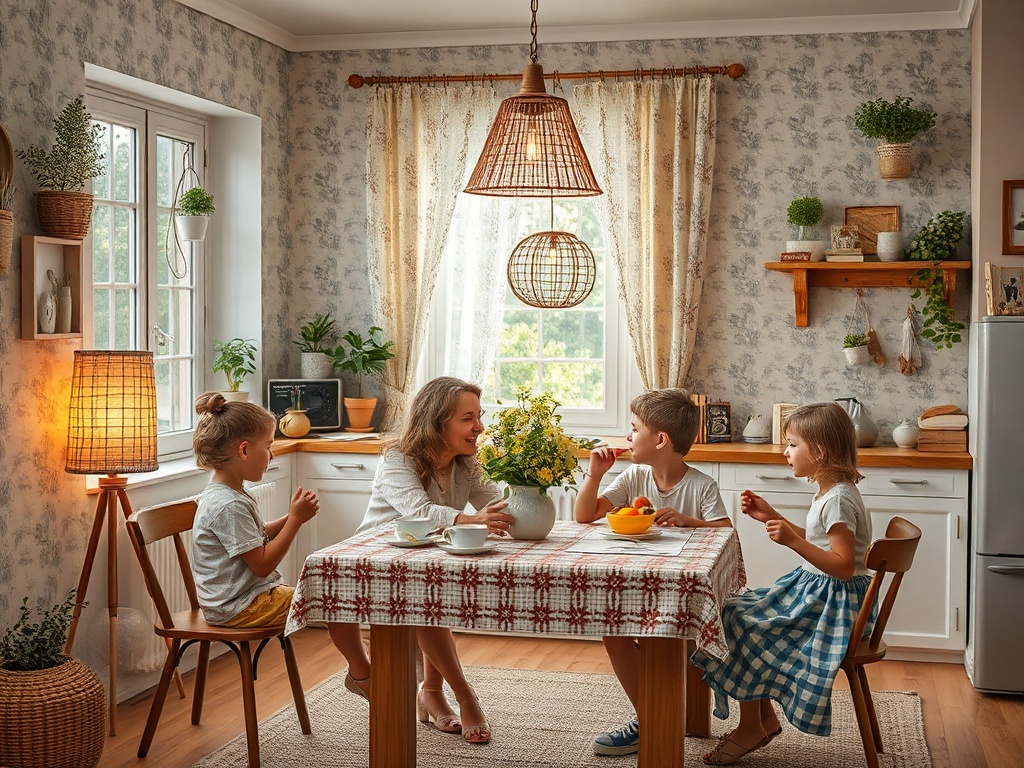 На кухне четверо детей общаются за столом, наслаждаясь апельсинами и цветами в вазе. Тихая, уютная атмосфера.
