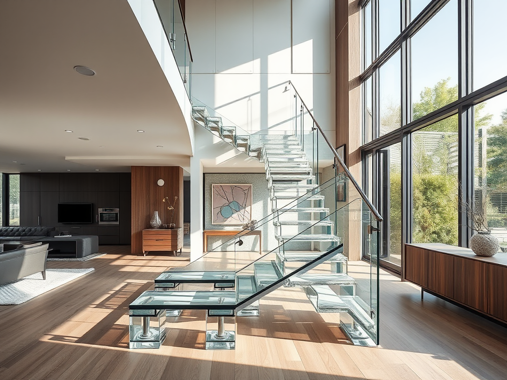 Современный интерьер с стеклянной лестницей и большими окнами, пропускающими естественный свет.