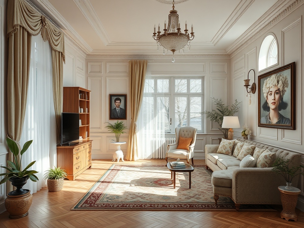 Светлая гостиная с мягкой мебелью, картинами на стенах и большими окнами, пропускающими солнечный свет.