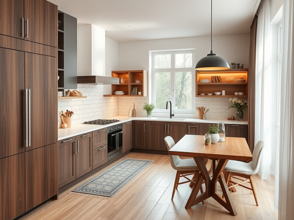 Современная кухня с деревянными шкафами, столом и стульями, светлым интерьером и большими окнами.