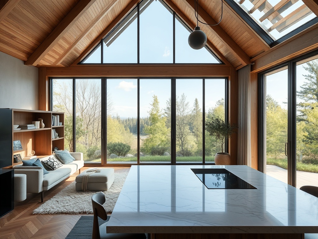 Современный интерьер с большим окном, кухонным островом и уютной мебелью, окружённый зеленью.