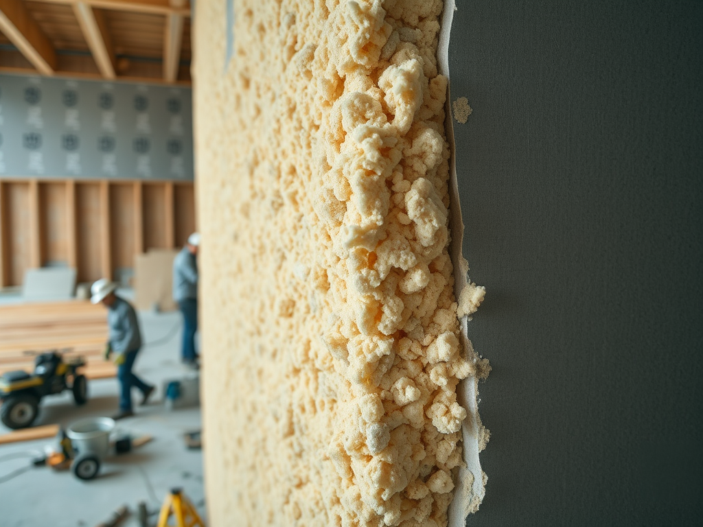 Стена со вспененным материалом, рабочие с инструментами на фоне, строительный процесс в помещении.