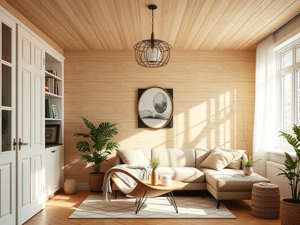 Светлая гостиная с диваном, декоративными растениями и стильной люстрой на деревянном потолке.