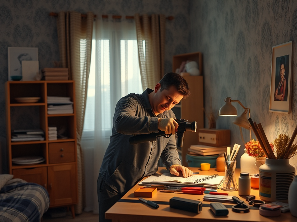 Молодой человек с камерой работает за столом в уютной комнате, окруженный книгами и канцелярией.