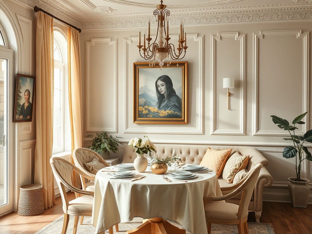 Уютный обеденный уголок с картинами, светлой мебелью и зелеными растениями у окна.