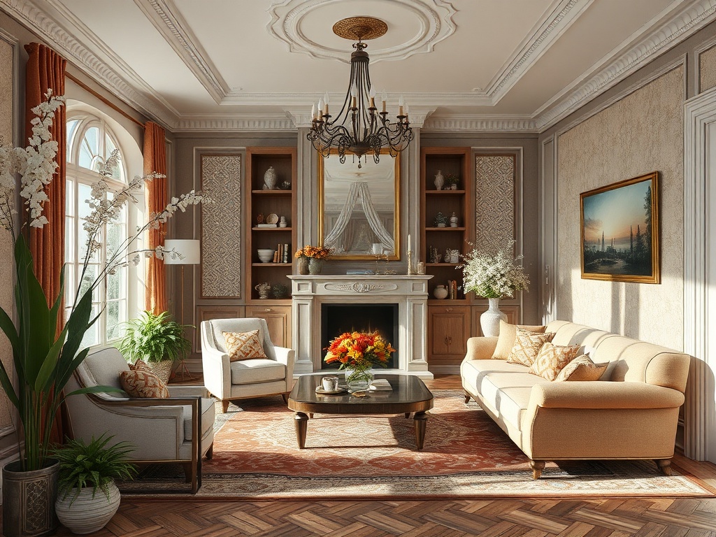 Современная гостиная с камином, мебелью и растениями, оформленная в теплых тонах.