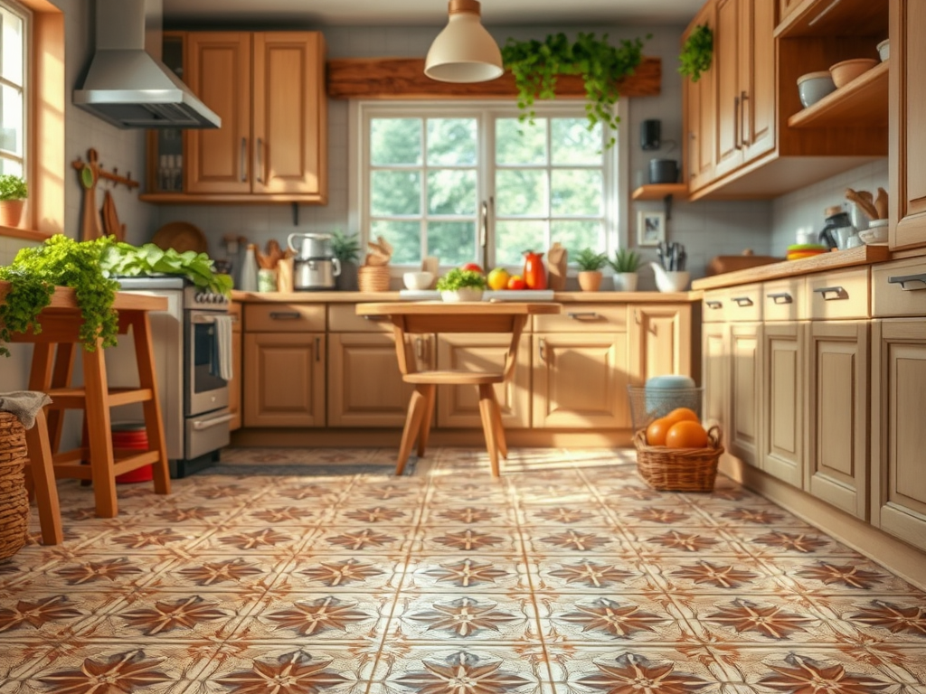 Светлая кухня с деревянными шкафами, столом и множеством растений, оформленная в расслабляющем стиле.