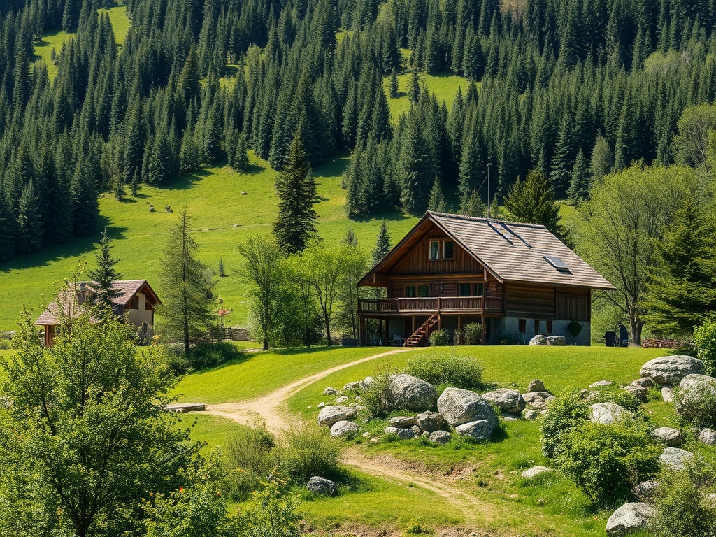 Деревенский дом на фоне зелёных лесов и холмов, окружённый камнями и растительностью.