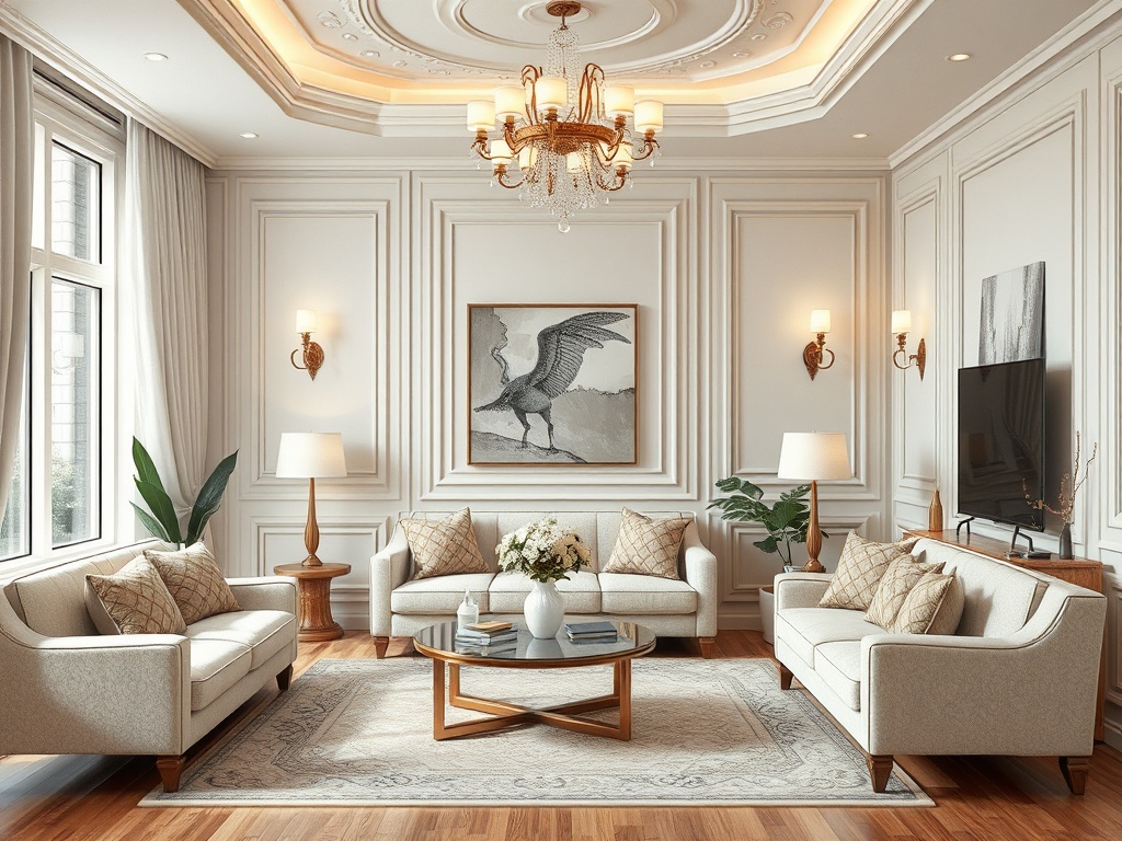 Современная гостиная с светлыми стенами, мягкой мебелью и элегантными декорациями. Уютная атмосфера.