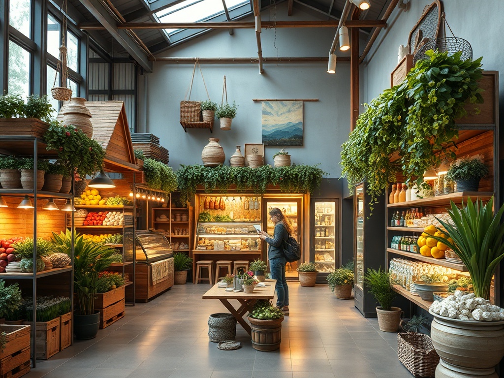 Супермаркет с зелеными растениями, овощами и фруктами, уютная атмосфера, девушка с планшетом среди товара.