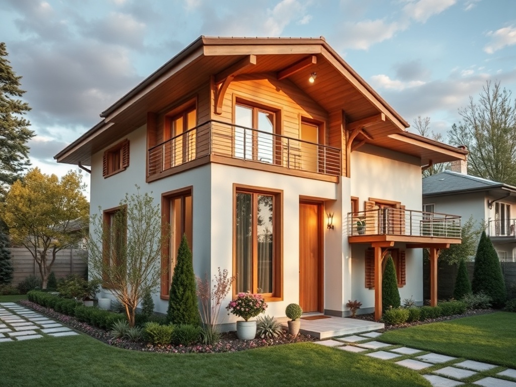 Современный дом с деревянными элементами, ухоженным садом и террасой на фоне ясного неба.