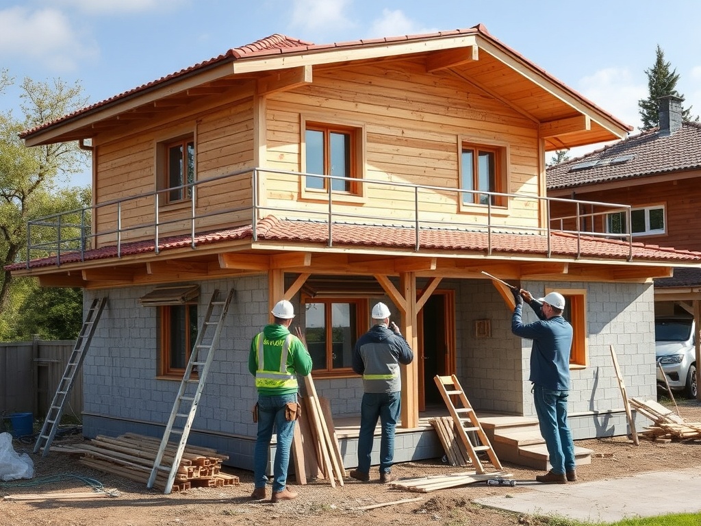 Строители работают над деревянным домом, рядом с которым находятся строительные материалы и лестницы.