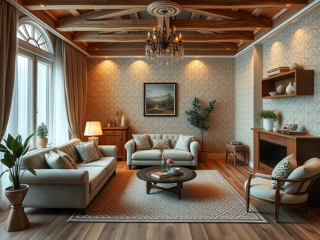 Современная гостиная с мягкой мебелью, нежными тонами и изысканным освещением. Деревянные детали создают уют.