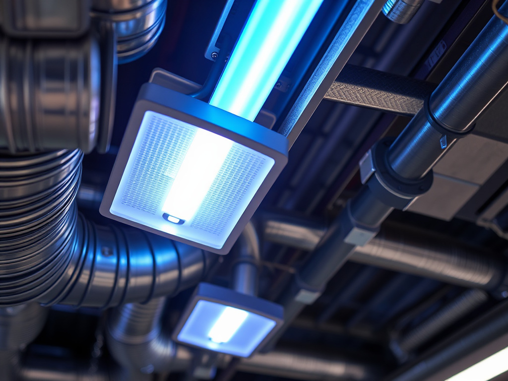 Потолочные светильники и вентиляционные трубы, фоновое освещение в технологическом помещении.