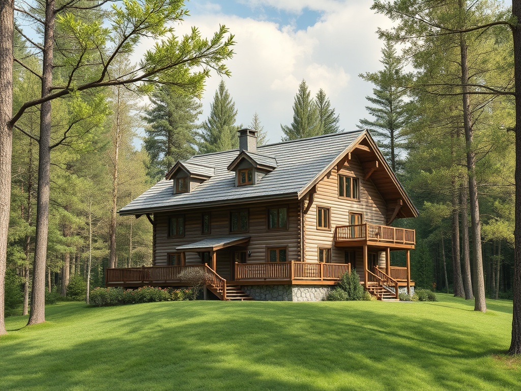 Деревянный дом с балконами на фоне леса и зелёных лугов в солнечную погоду.