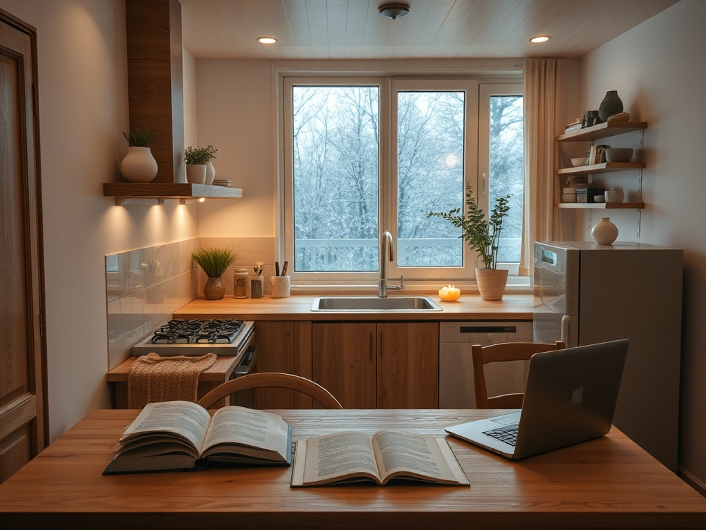 Современная кухня с окном, столом, ноутбуком, книгами и зелеными растениями на фоне зимнего пейзажа.