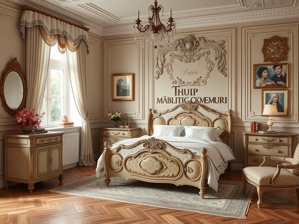 Элегантная спальня в классическом стиле с роскошной мебелью и уютным освещением. 