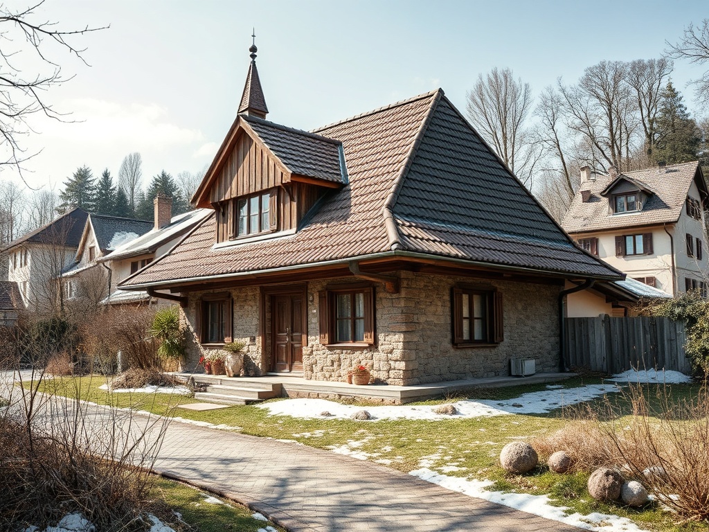 Уютный дом из камня и дерева, окружённый зеленью и снегом, с ухоженным газоном и дорожкой.