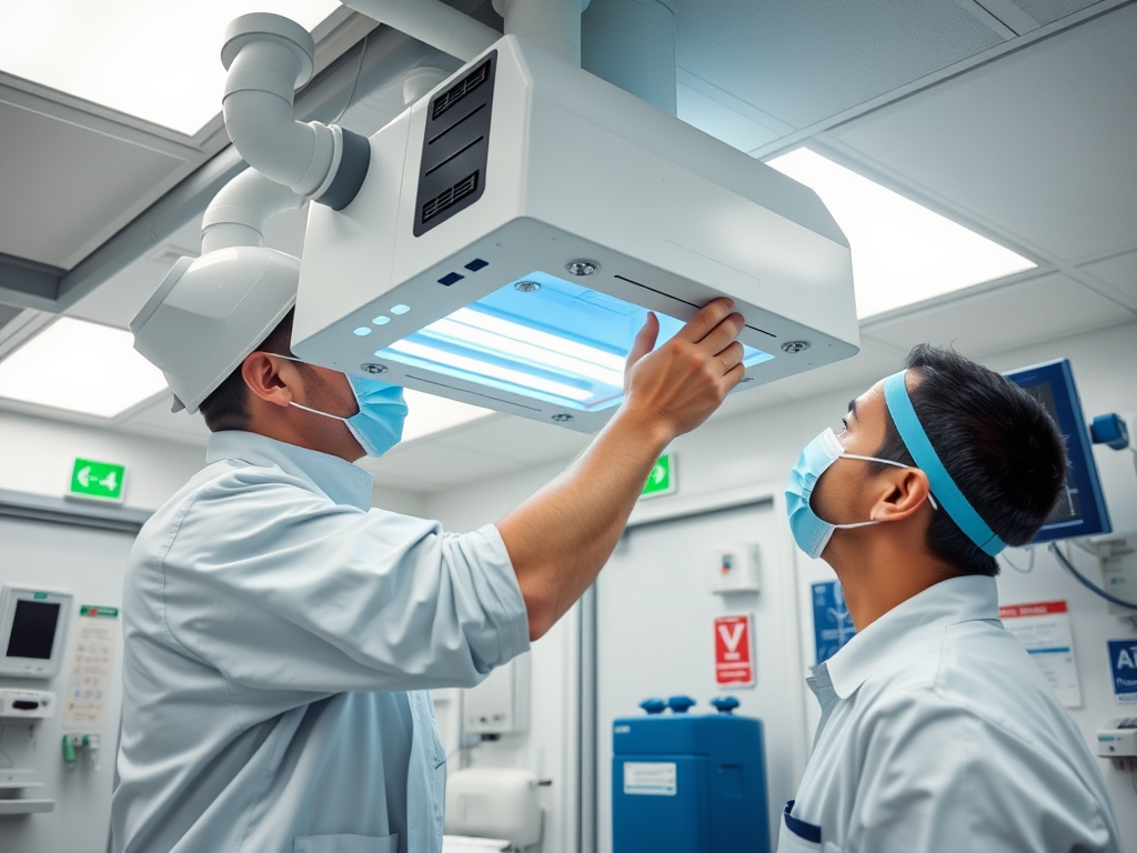 На изображении два человека в медицинской лаборатории проверяют светильник. Оба носят защитные маски и шапочки.