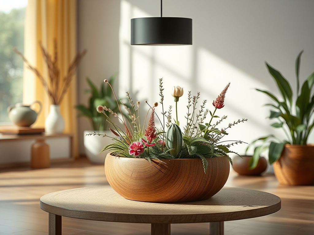 Современный интерьер с деревянной вазой, наполненной цветами, и уютным освещением в светлом помещении.