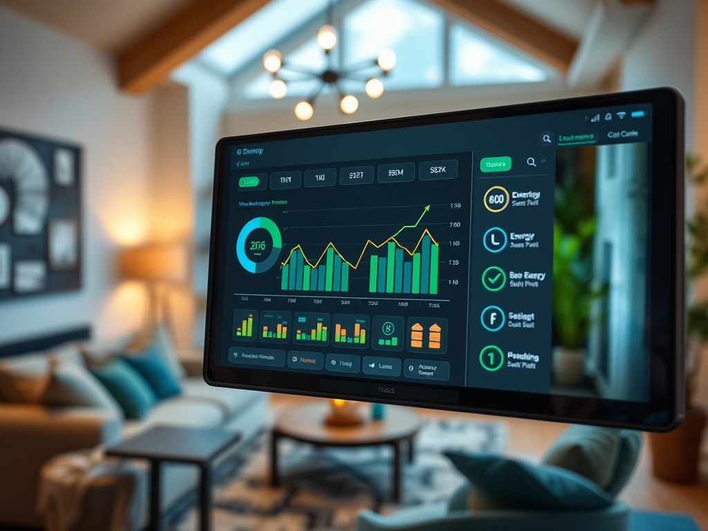 На экране отображается график с данными о производительности с современным интерьером на заднем плане.