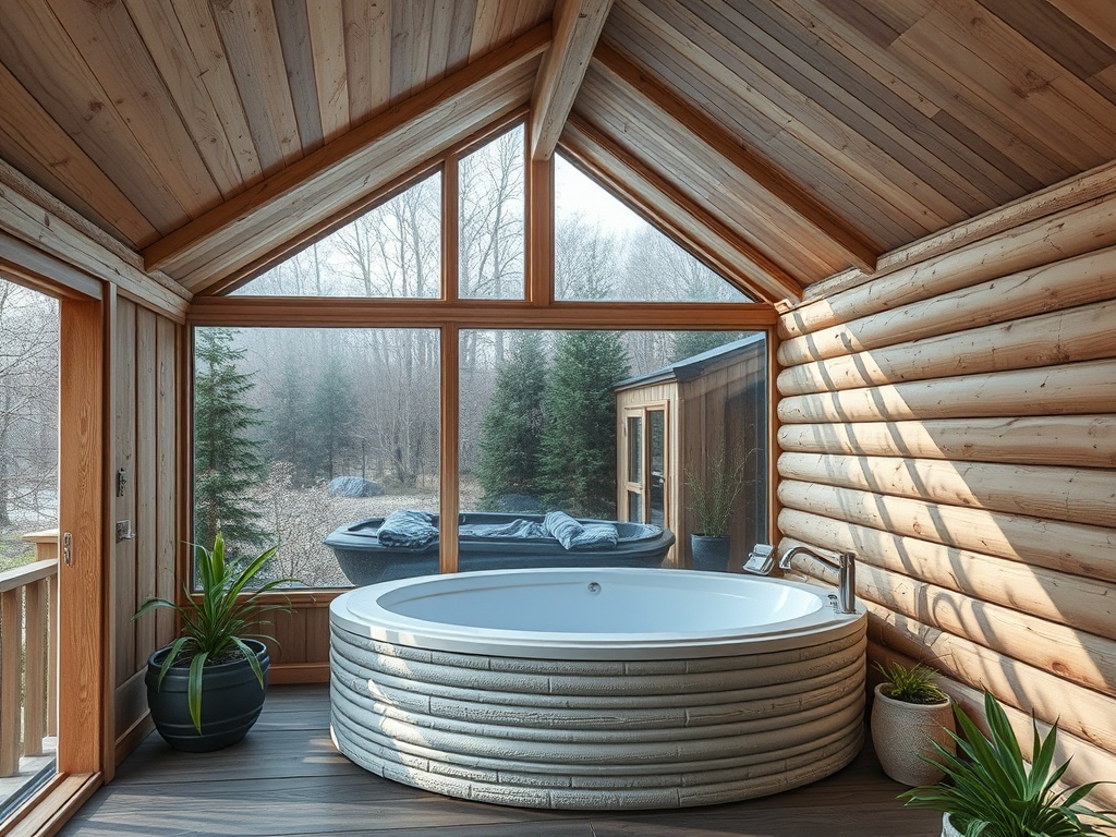 Современная ванна в деревянном доме с большими окнами и зелеными растениями на фоне природы.
