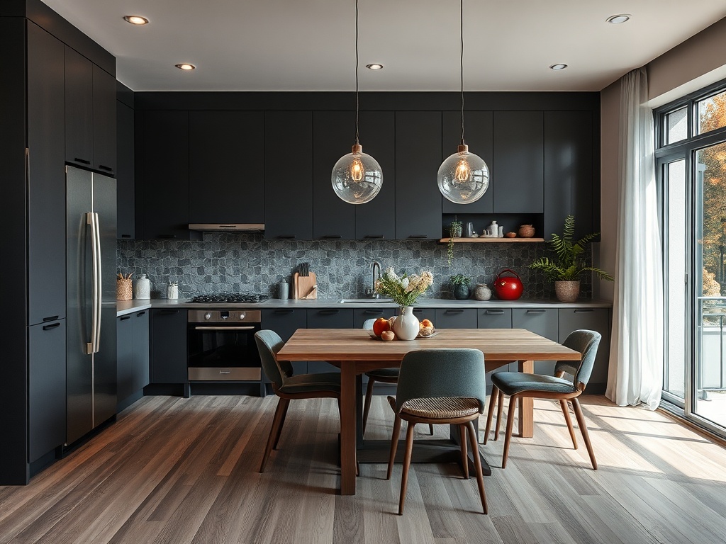 Современная кухня с черными шкафами, деревянным столом и стильными светильниками, наполненная растениями и фруктами.