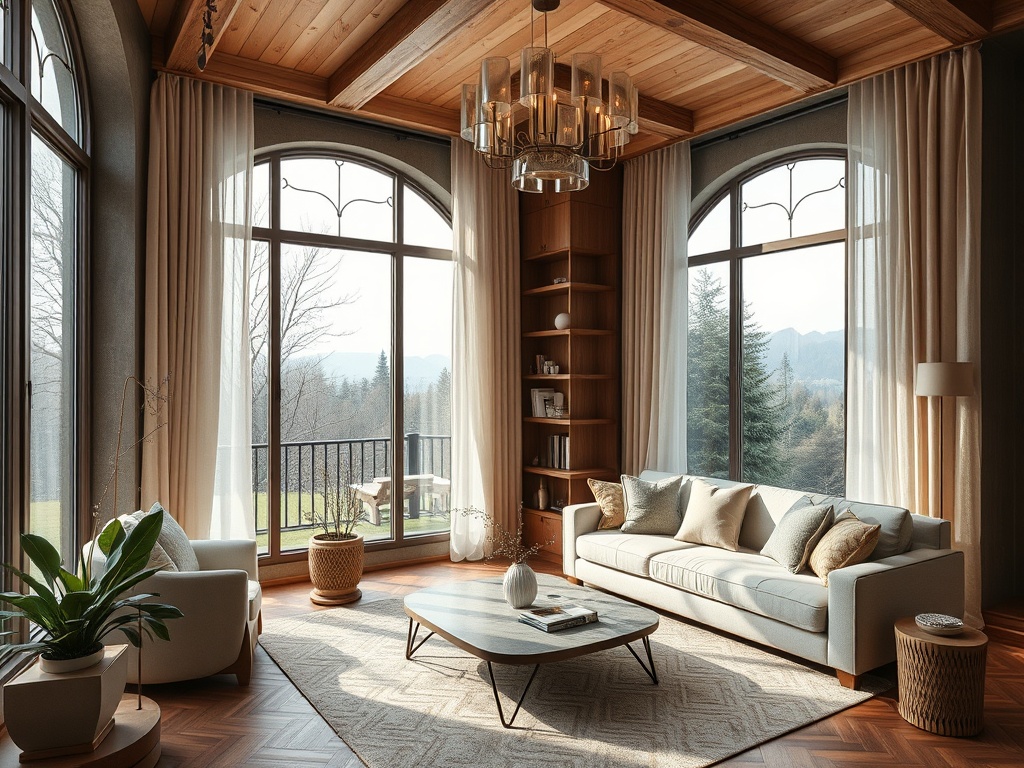 Светлая гостиная с большими окнами, современными мебелью и видом на природу за окном. Уют и стиль.