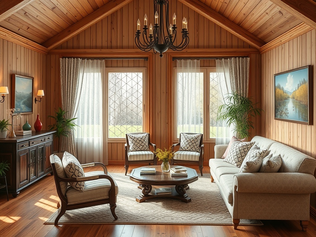 Уютная гостиная с деревянными стенами, мягкой мебелью и большими окнами, пропускающими солнечный свет.