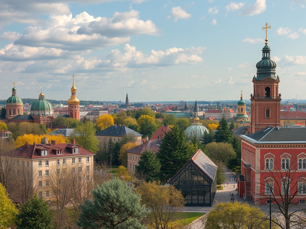 Ставка на историческую архитектуру и зелень города, освещенный солнечным днем с облаками на небе.