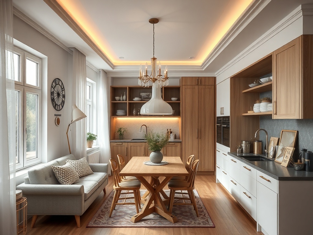 Современная кухня с деревянной мебелью, обеденным столом и светлым интерьером. Уют и гармония в дизайне.