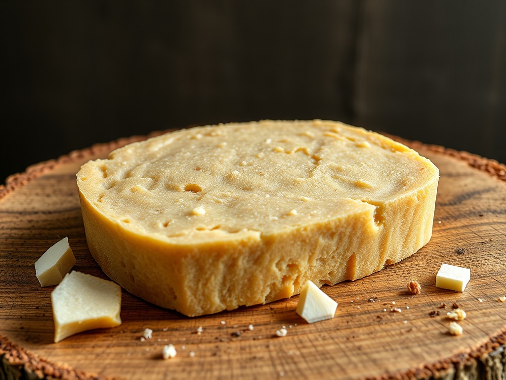 Кусок сыра на деревянной доске, рядом мелкие кубики сыра. Визуально привлекательный и аппетитный.