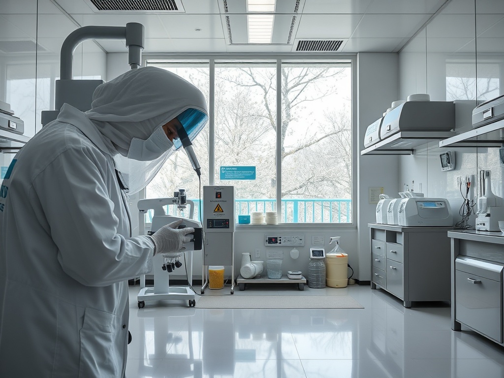 Работник лаборатории в специальной одежде анализирует образцы в современной исследовательской лаборатории.