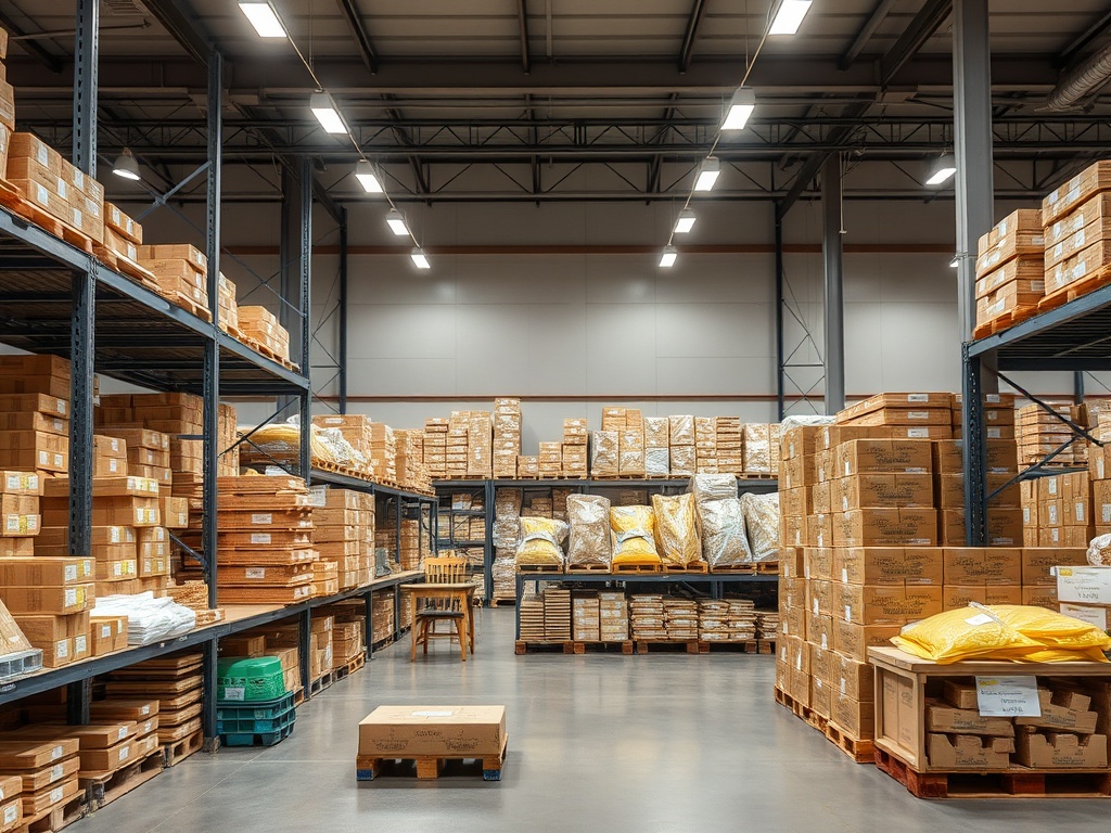 Склад с высокими стеллажами, полными коробок и упаковок. Просторное помещение с хорошим освещением.