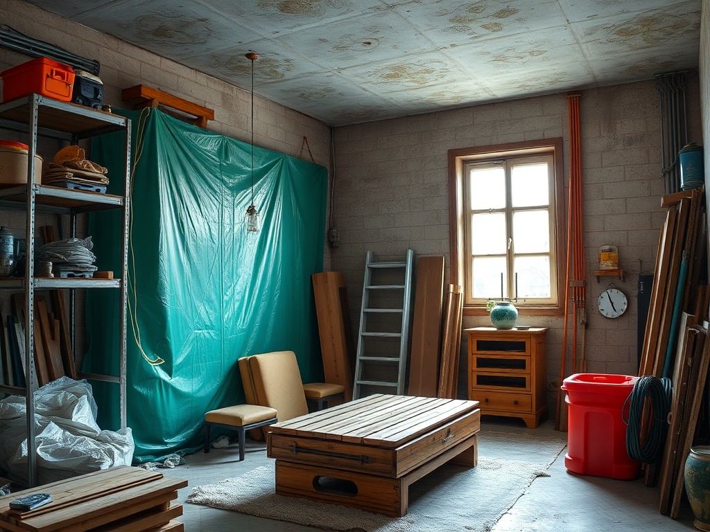 Помещение с деревянной мебелью, строительными материалами, часами и зеленым покрытием на стене.