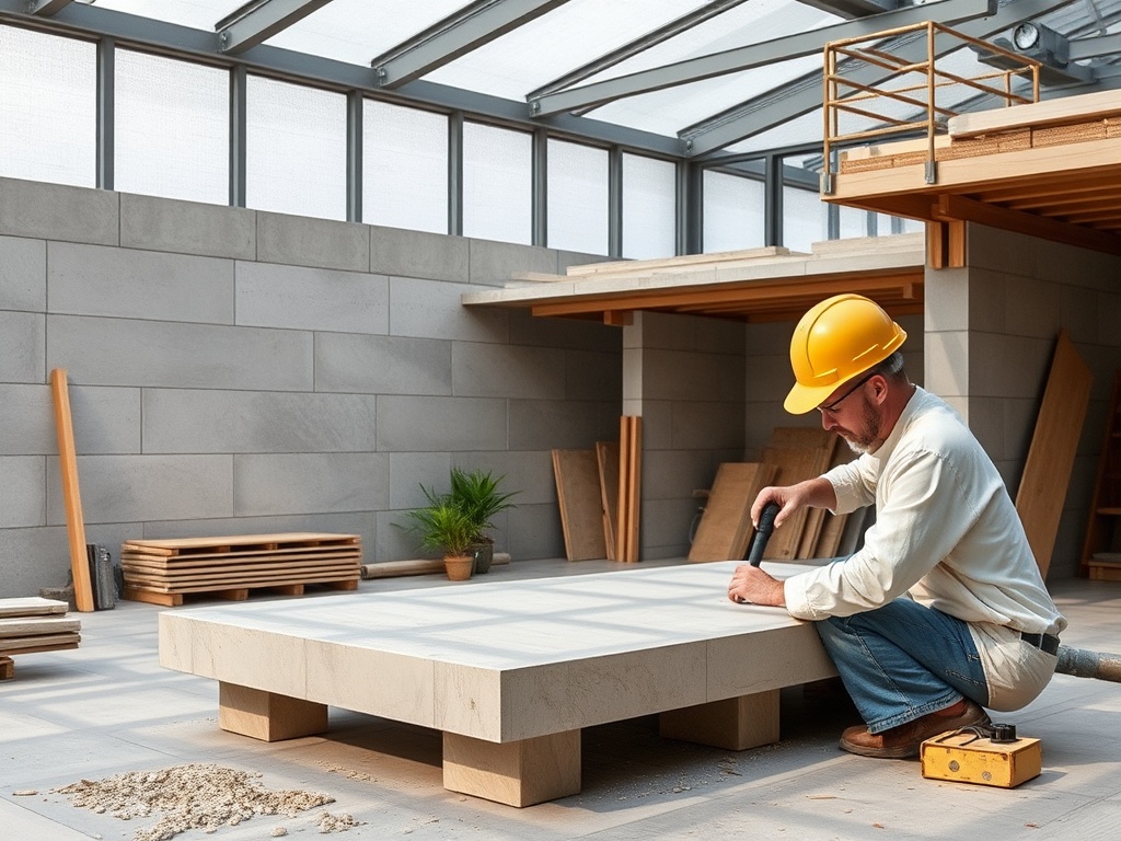 Рабочий в защитном шлеме использует инструмент на бетонной поверхности в современном строительном пространстве.