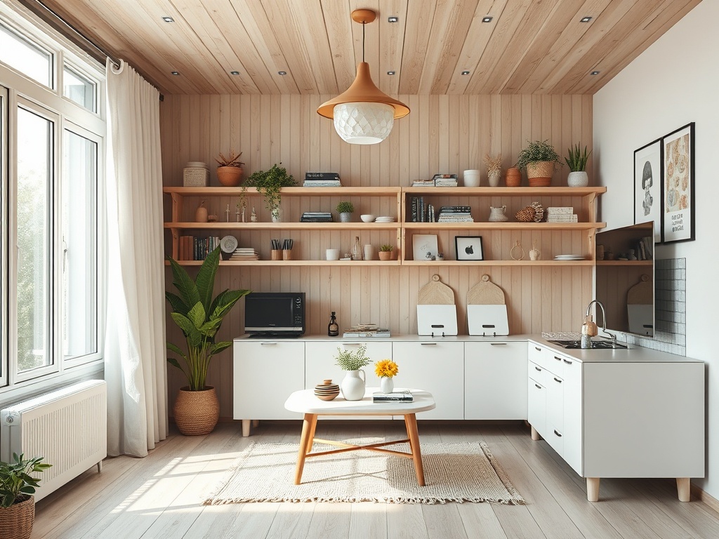 Современная кухня с деревянными полками, растениями и стильной подсветкой. Светлые тона и уютная атмосфера.